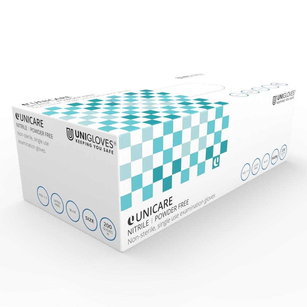 Box 200 Unicare Blue Nitrile Powder Free Medical Grade Disposable Gloves GS004