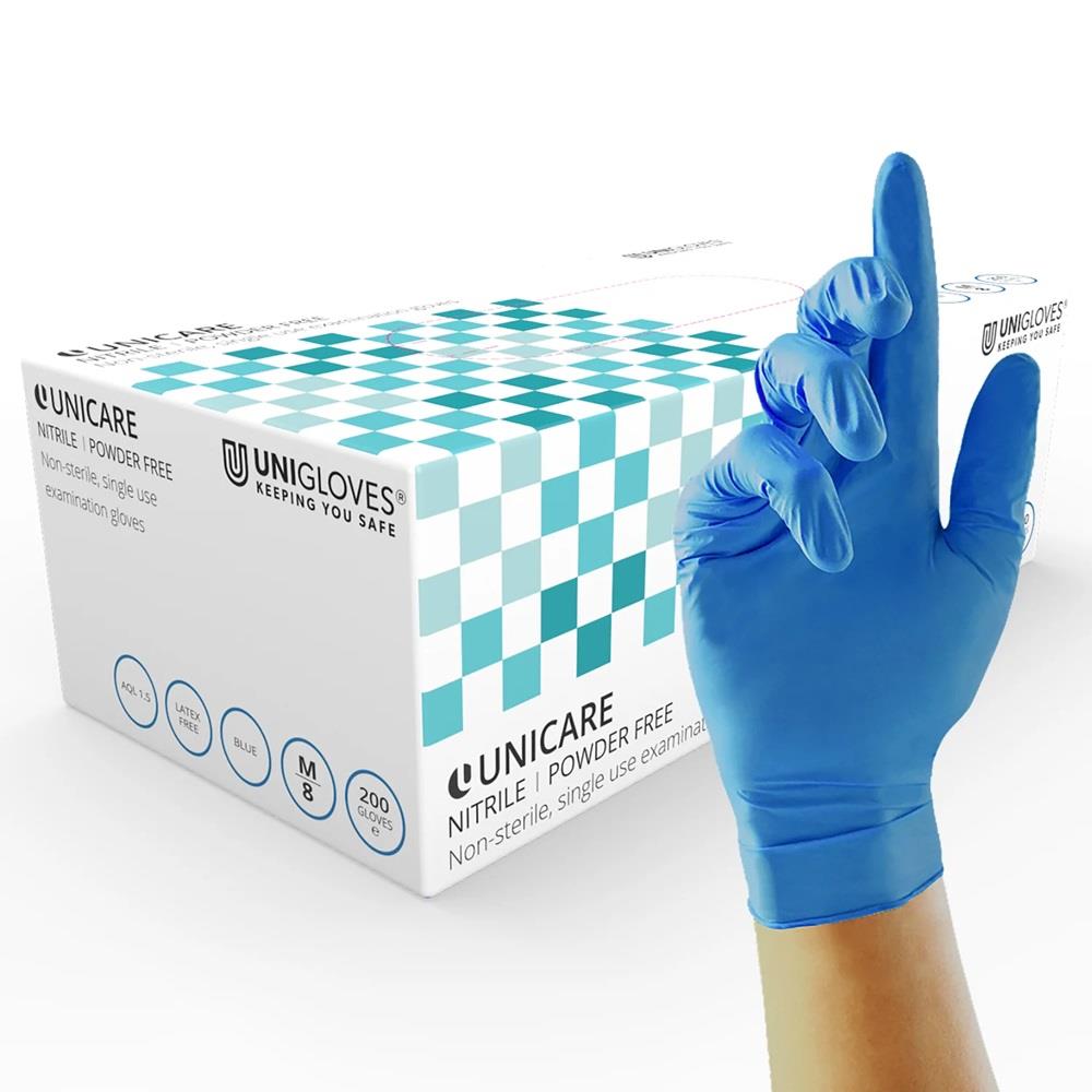 Box 200 Unicare Blue Nitrile Powder Free Medical Grade Disposable Gloves GS004