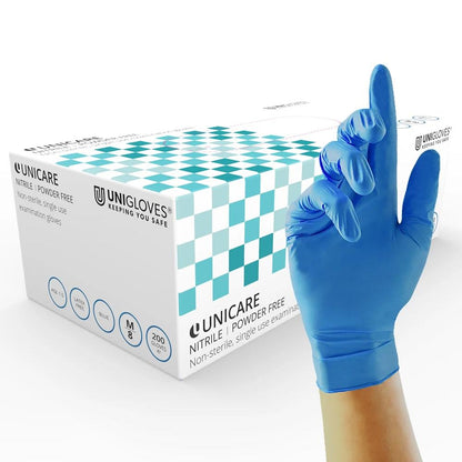 Box 200 Unicare Blue Nitrile Powder Free Medical Grade Disposable Gloves GS004